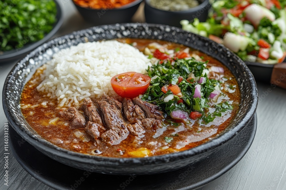 Lamb and rice soup served with garlic vinegar and salad