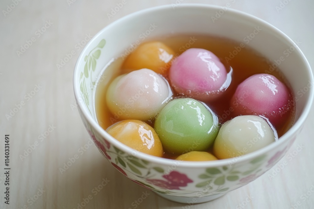 Large rice dumpling balls in a bowl with syrupy colored glaze Large rice dumpling balls in a bowl with syrupy colored glaze