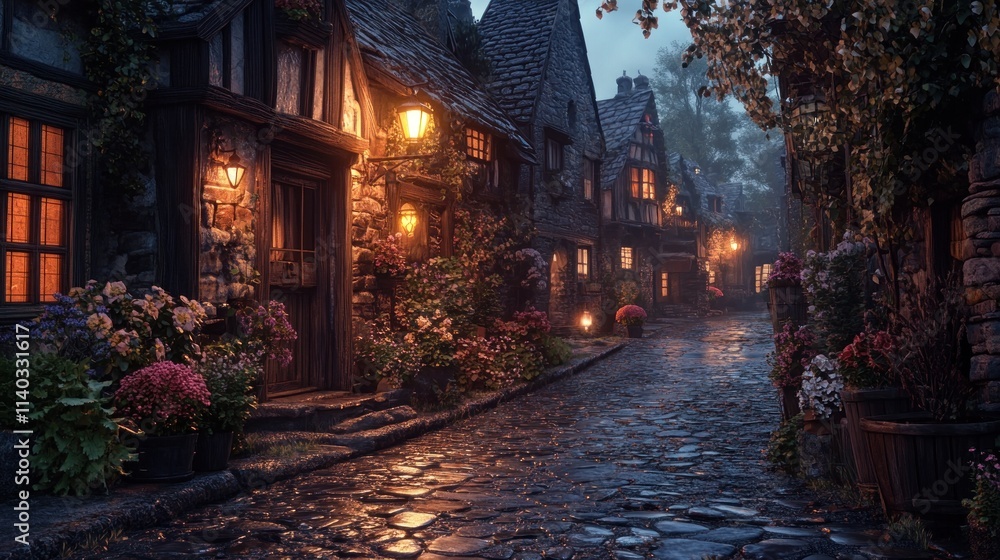 Fototapeta premium A serene, cobblestone street lined with charming, illuminated cottages and vibrant flowers.