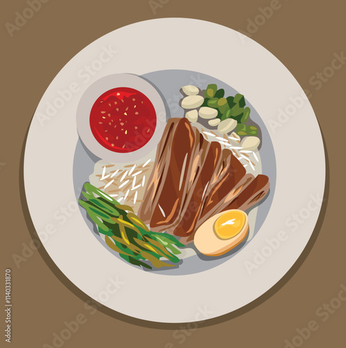 Thai Pork Leg Stew Recipe (Kao Ka Moo) Meat, skin, egg, dipping sauce in a plate, brown background.