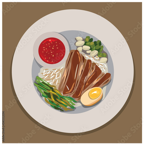 Thai Pork Leg Stew Recipe (Kao Ka Moo) Meat, skin, egg, dipping sauce in a plate, brown background.