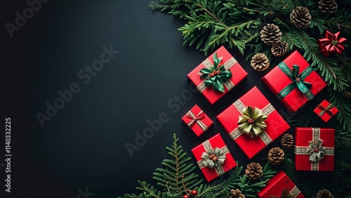 Christmas Gift Boxes and Festive Decorations – Perfect Holiday Background for Design Projects  black background with copy space