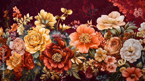 Enchanting Baroque Floral Tapestry Woven with Intricate Golden Threads on a Bold Deep Crimson Background, Capturing Attention and Inspiring Wonder