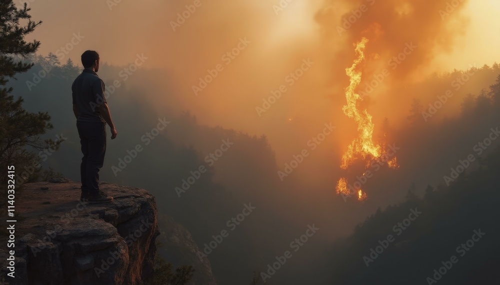 Person standing on a cliff overlooking a valley consumed by massive forest fires
