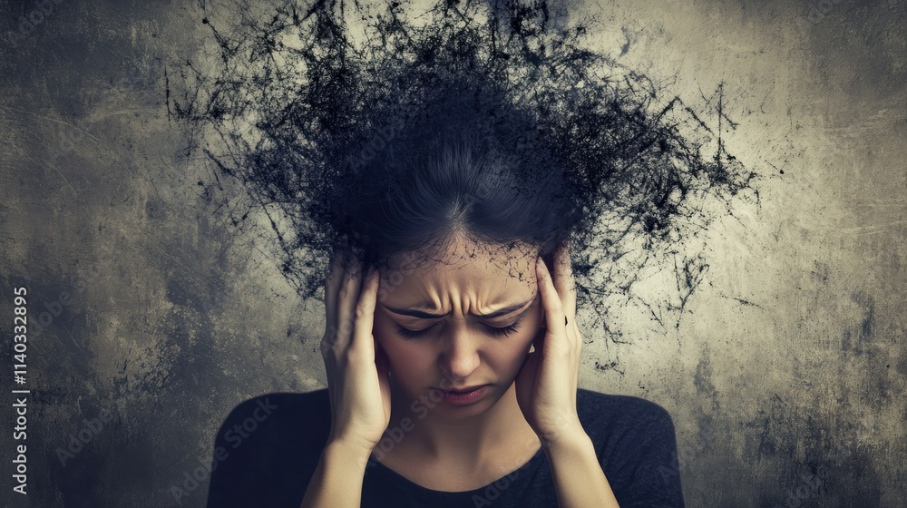 Cognitive functions of the brain in a woman, confused thoughts from stress and problems, depression, 