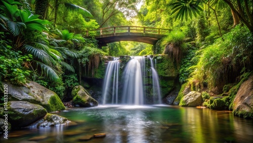 Small waterfall flowing under bridge in lush tropical forest