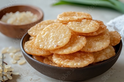 Madu Rengginang sweet rice crackers with brown sugar on a cream stone table Close up shot