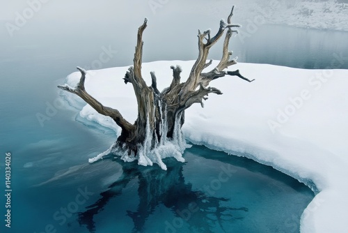 A snowcovered, iceencrusted dead tree stands in a frozen lake, reflecting in the teal water. photo