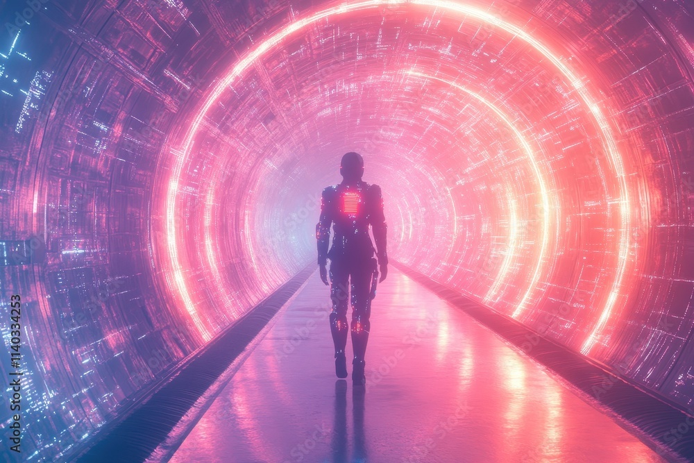 A futuristic scene featuring a humanoid figure walking through a glowing tunnel. A futuristic scene featuring a humanoid figure walking through a glowing tunnel.