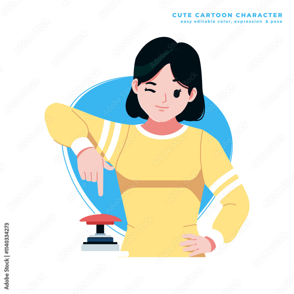 girl with start button cute cartoon character girl with start button cute cartoon character