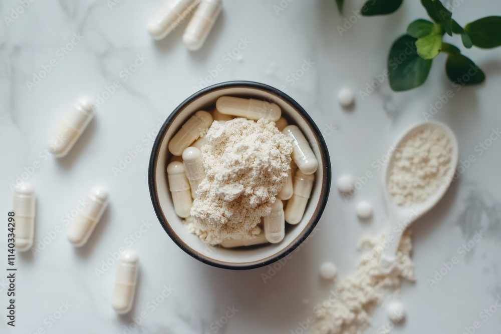 Nutritional aid idea Probiotic capsules vitamins white tablets and protein collagen powder scoop Nutritional aid idea Probiotic capsules vitamins white tablets and protein collagen powder scoop