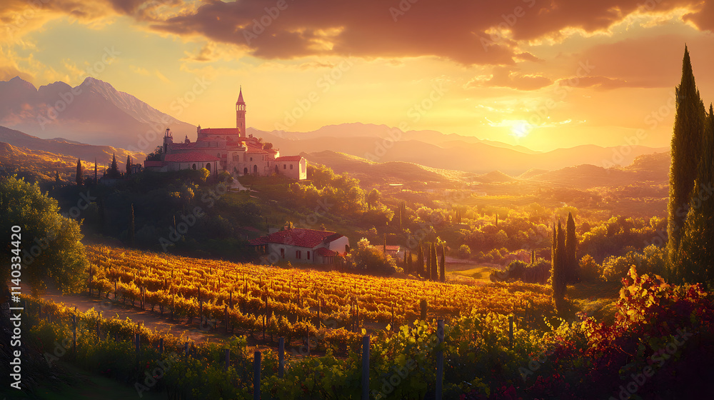 Naklejka premium A Serene Baroque Countryside Landscape with Rolling Hills, Lavish Estate, and a Dramatic Sunset Sky Enhancing the Idyllic Atmosphere