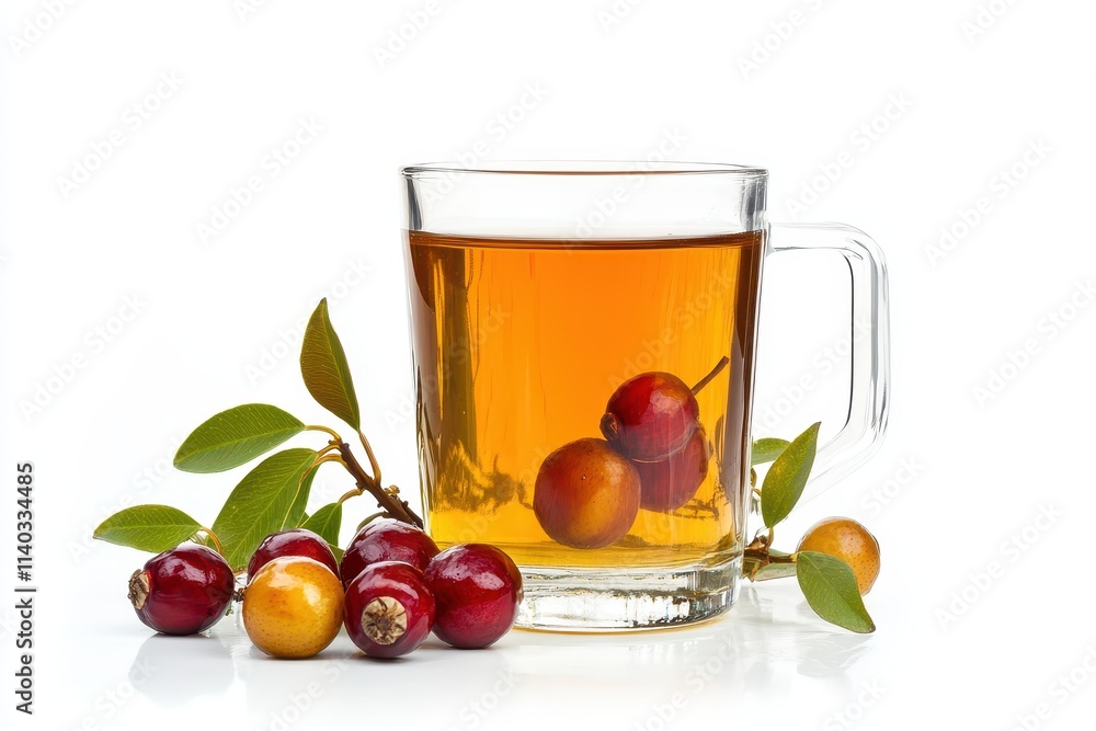 Nutritious beverage made from Chinese jujube in a transparent glass on a white backdrop with a clipping path Nutritious beverage made from Chinese jujube in a transparent glass on a white backdrop with a clipping path