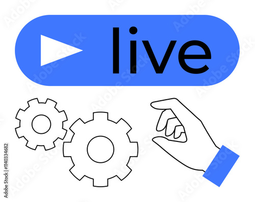 Play button with live text badge, hand adjusting gears, representing setup, settings, configuration. Ideal for live streaming, tech support, system updates, online tutorials user guides