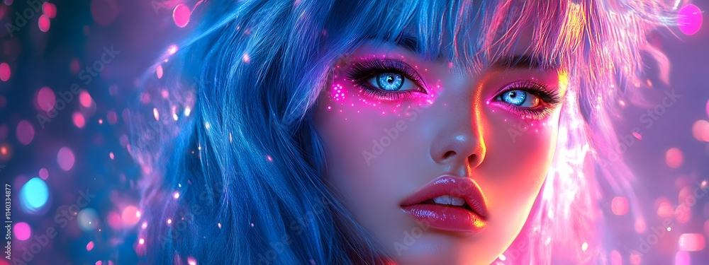 A beautiful woman with long blue hair and pink bangs, wearing glowing neon makeup, surrounded by a neon glow A beautiful woman with long blue hair and pink bangs, wearing glowing neon makeup, surrounded by a neon glow