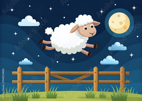 Cute Sheep Jumping Fence Insomnia Night Minimalist Illustration - Sleep Disorder, Sleeplessness, Dream Concept photo