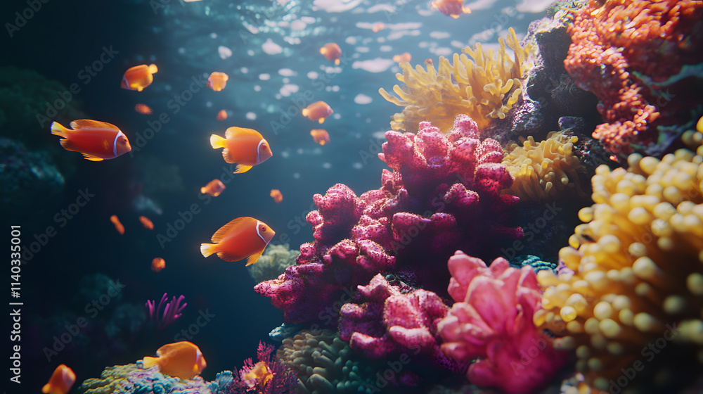 Naklejka premium A Colorful Baroque Underwater Ecosystem Featuring Coral Reefs as Elaborate Artifacts and Shining Fish Creating a Dynamic Scene of Beauty and Movement
