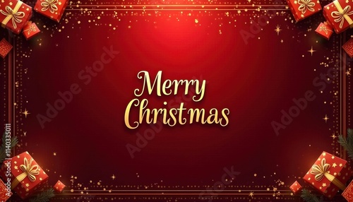Elegant Christmas Card with Maroon Background, Gold Merry Christmas Text, and Festive Details