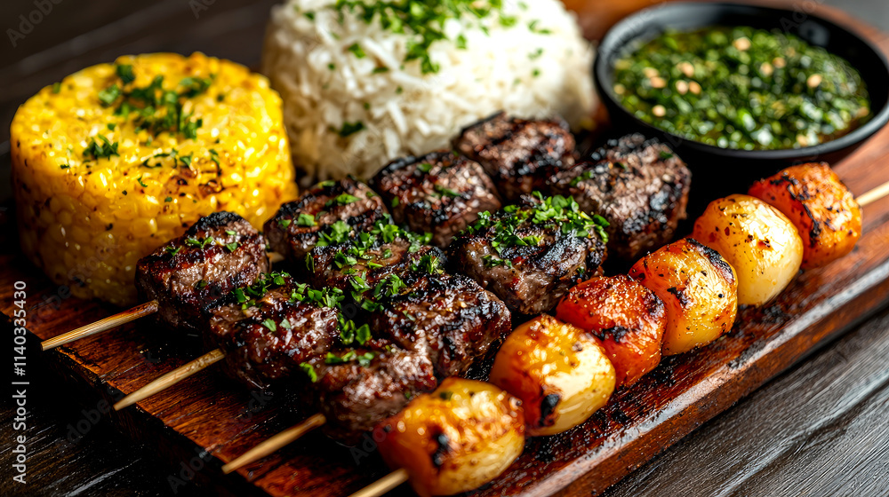 Grilled beef skewers with rice, vegetables, and sauce. Grilled beef skewers with rice, vegetables, and sauce.