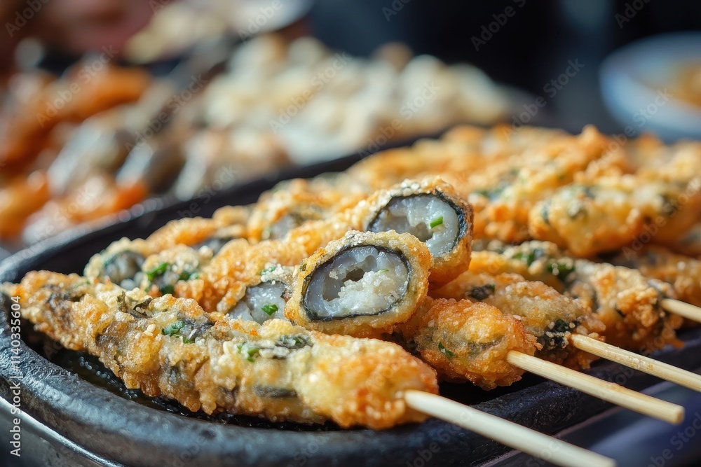Odeng skewers a popular Korean street food attract both locals and visitors Focused view Odeng skewers a popular Korean street food attract both locals and visitors Focused view
