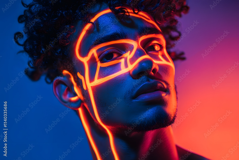 Bright neon colors illuminate a young man's features in a dark setting Bright neon colors illuminate a young man's features in a dark setting
