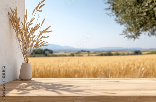 A serene view of a wheat field from a rustic table setting.
