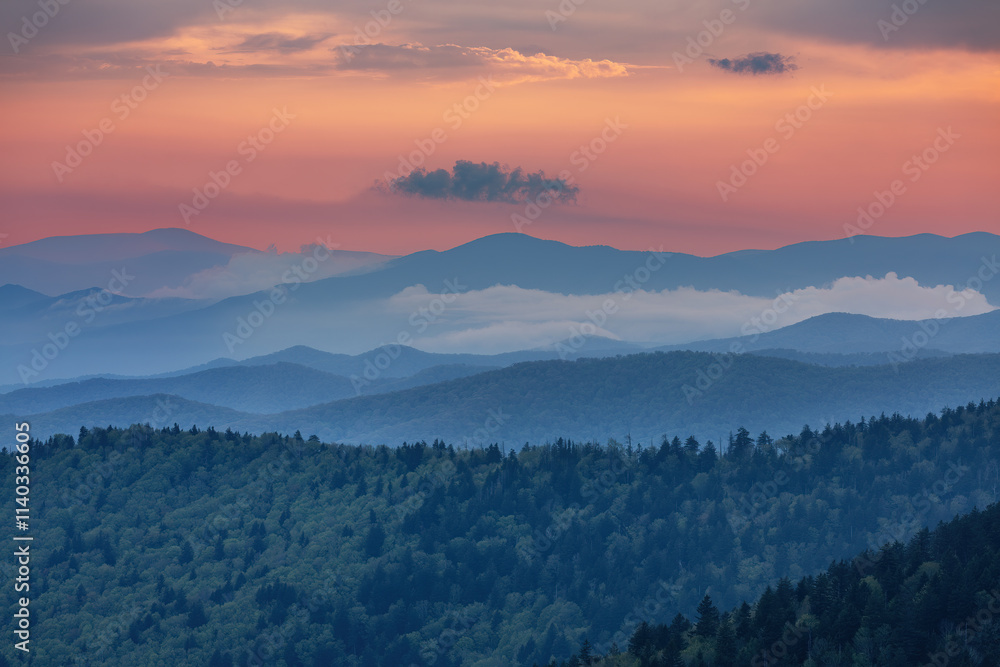 Landscape at sunset, from Clingman's Dome, Great Smoky Mountains National Park, Tennessee, USA Landscape at sunset, from Clingman's Dome, Great Smoky Mountains National Park, Tennessee, USA