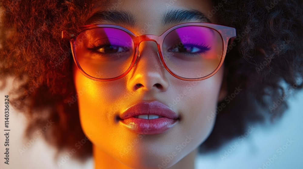 Portrait of a young woman with full lips in stylish and bright glasses. Young woman of model appearance in photochromic glasses. Portrait of a young woman with full lips in stylish and bright glasses. Young woman of model appearance in photochromic glasses.