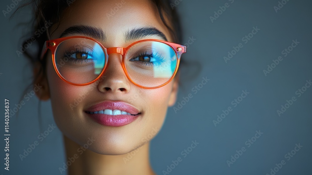 Portrait of a young woman with full lips in stylish and bright glasses. Young woman of model appearance in photochromic glasses. Portrait of a young woman with full lips in stylish and bright glasses. Young woman of model appearance in photochromic glasses.