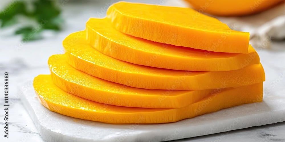 Sliced butternut squash presented on a white background offers a close up view, emphasizing the healthy food concept and appealing texture of butternut squash in its natural form. Sliced butternut squash presented on a white background offers a close up view, emphasizing the healthy food concept and appealing texture of butternut squash in its natural form.