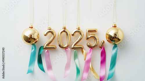Shiny gold ornaments forming "2025," suspended on colorful pastel ribbons, floating gracefully against a white background