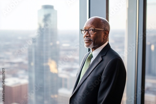 A thoughtful man in a suit gazes out at a city skyline.