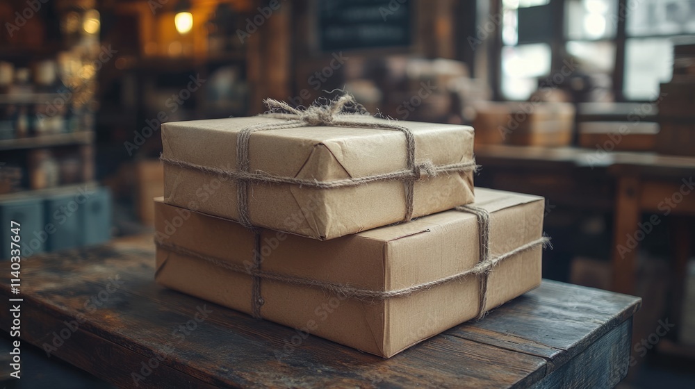 Parcels in paper packaging, tied with twine. Parcels in paper packaging, tied with twine.