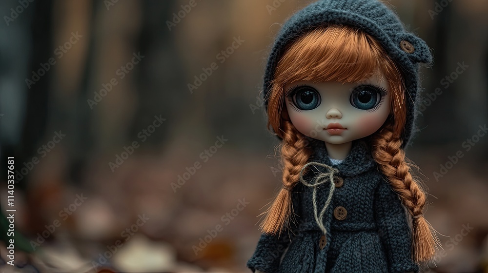Cute doll with red hair and big eyes in autumn forest. Cute doll with red hair and big eyes in autumn forest.