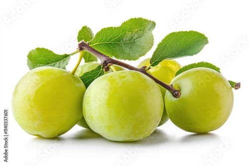 Organic green plums against a white backdrop photo