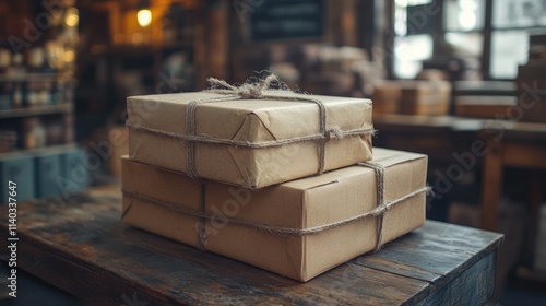 Parcels in paper packaging, tied with twine. photo