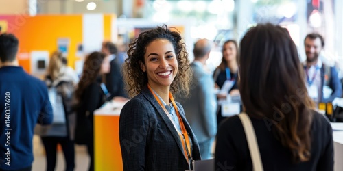 A vibrant booth at a career fair showcasing a company's culture and available job positions, with enthusiastic attendees