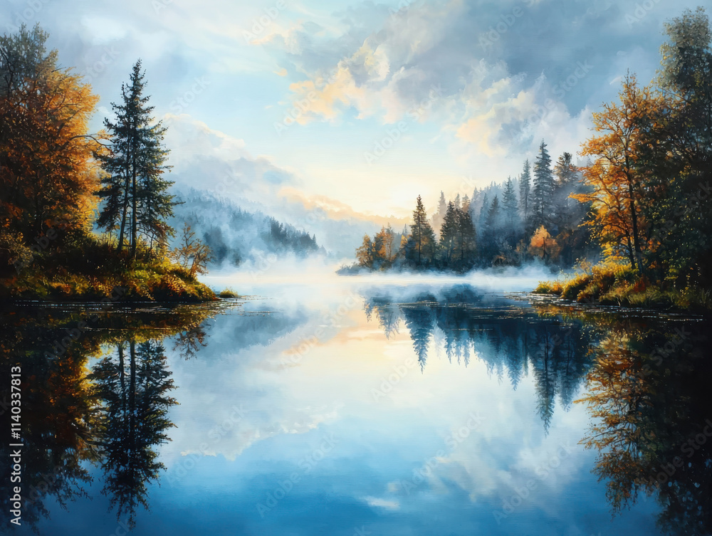 Tranquil lakeside mist rising over calm waters autumn landscape nature photography serene environment panoramic view Tranquil lakeside mist rising over calm waters autumn landscape nature photography serene environment panoramic view