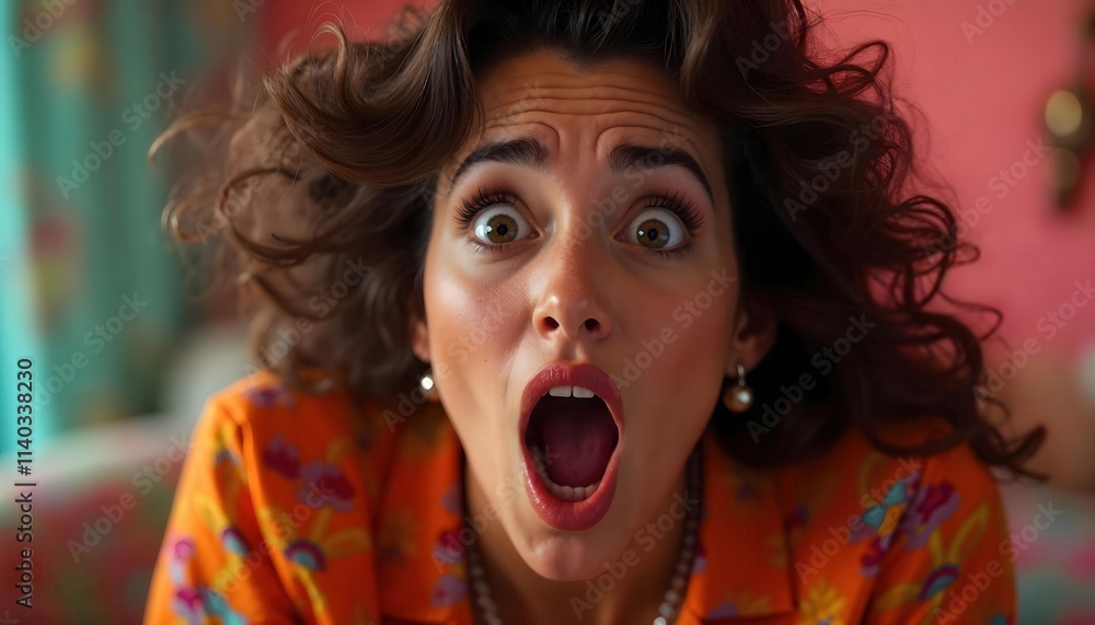 Woman in shock with wide eyes and open mouth, styled hair, colorful outfit, and expressive gaze Woman in shock with wide eyes and open mouth, styled hair, colorful outfit, and expressive gaze