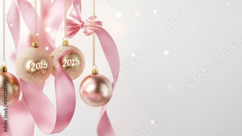 Stylish gold ornaments forming "2025," hanging gracefully from pastel pink silk ribbons, glowing against a white background
