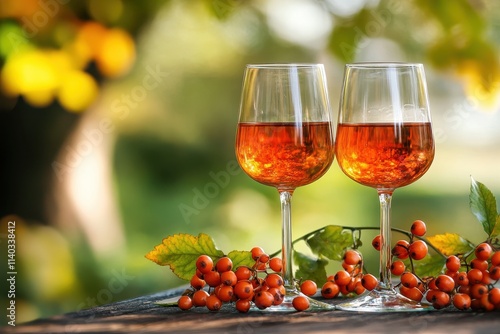 Outdoors two glasses of herbal wine with fresh hawthorn berries photo