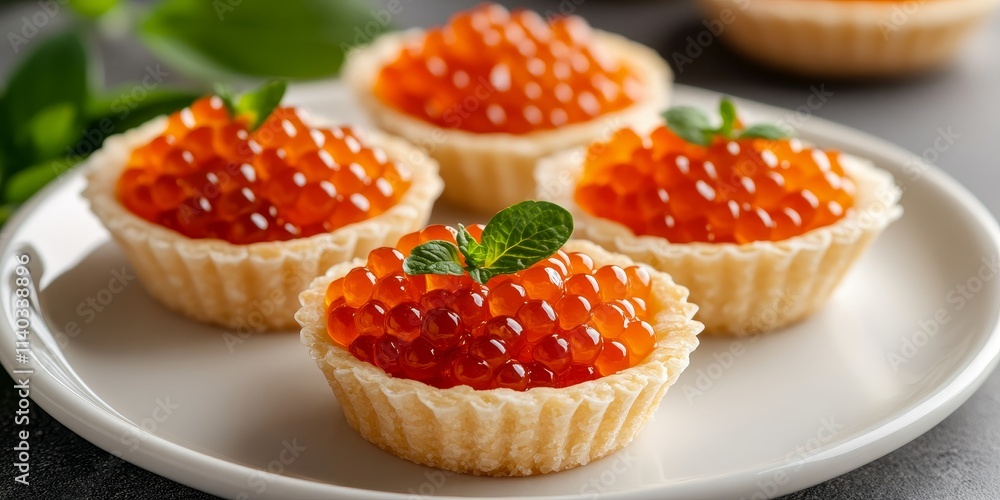 Delicious red caviar served in tartlets on a pristine white plate, creating an elegant presentation that highlights the vibrant hue of red caviar. Perfect for gourmet occasions featuring red caviar. Delicious red caviar served in tartlets on a pristine white plate, creating an elegant presentation that highlights the vibrant hue of red caviar. Perfect for gourmet occasions featuring red caviar.