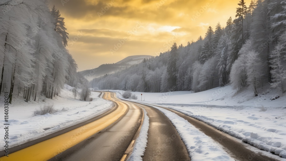 A winding, snow-covered road stretches into the distance, A winding, snow-covered road stretches into the distance,