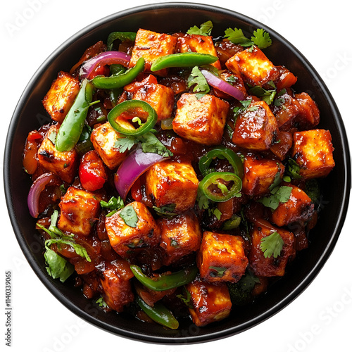Extreme top view of an extremely perfect looking chili paneer in a dark stoneware plate isolated on a white transparent background