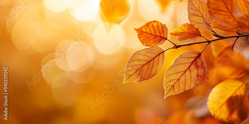 Closeup of golden autumn colors illuminated by soft sunset light, showcasing bokeh effects and ample copyspace. Zoom in on leaves on a branch, highlighting details, textures, and nature s leafy photo