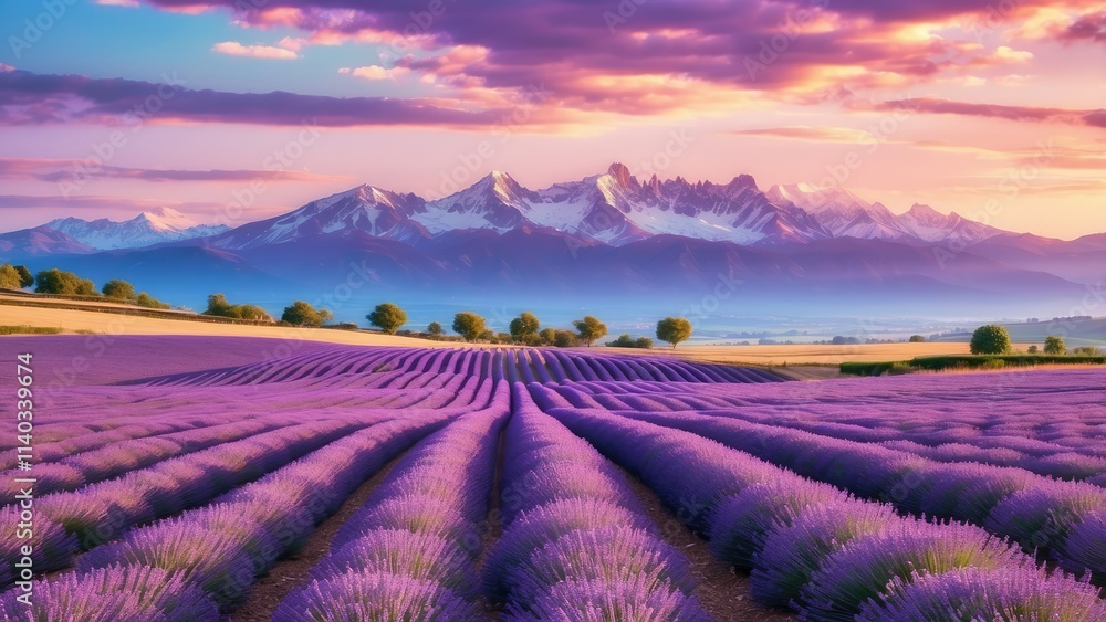 A vibrant lavender field stretches across the foreground, A vibrant lavender field stretches across the foreground,