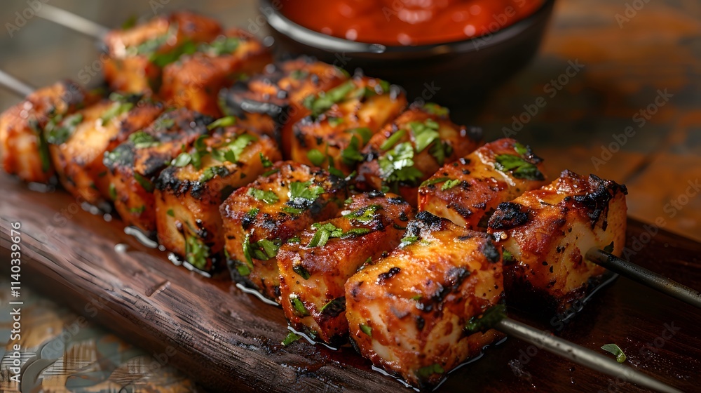 Tandoori Indian cheese skewers with chili sauce Tandoori Indian cheese skewers with chili sauce