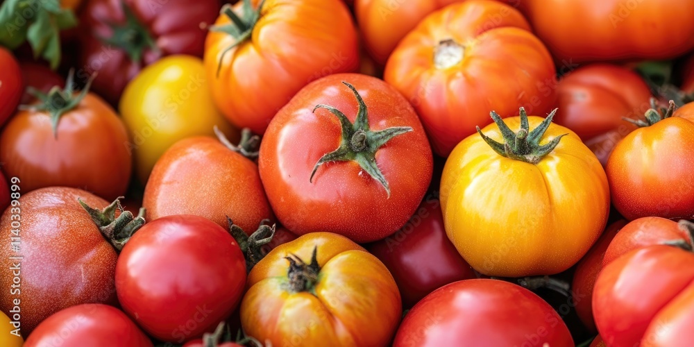 Assorted fresh tomatoes captured in closeup, showcasing a variety of sizes and colors. Experience the vibrant hues of red and orange in this display of fresh tomatoes. Assorted fresh tomatoes captured in closeup, showcasing a variety of sizes and colors. Experience the vibrant hues of red and orange in this display of fresh tomatoes.