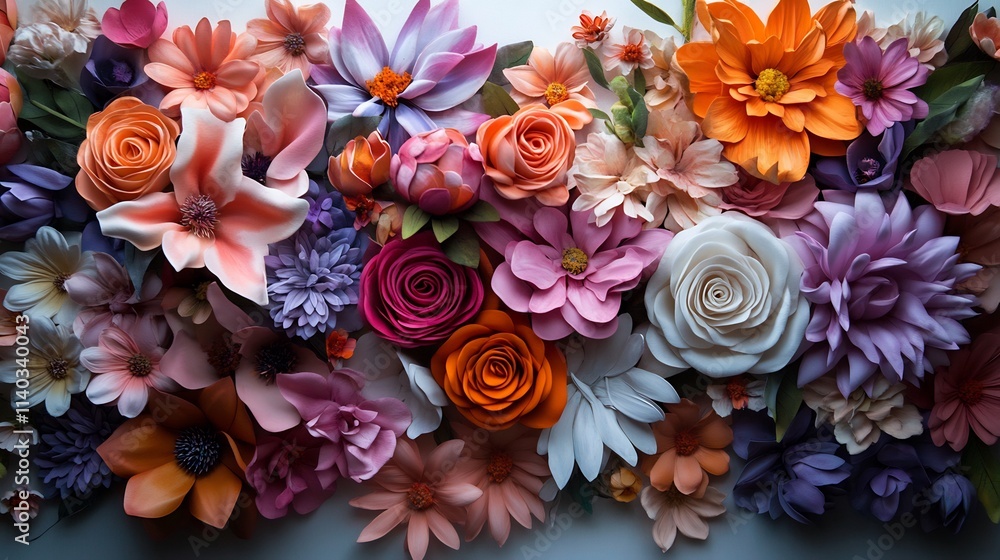 Vibrant paper flowers in various colors and textures arranged in a lush bouquet. Vibrant paper flowers in various colors and textures arranged in a lush bouquet.