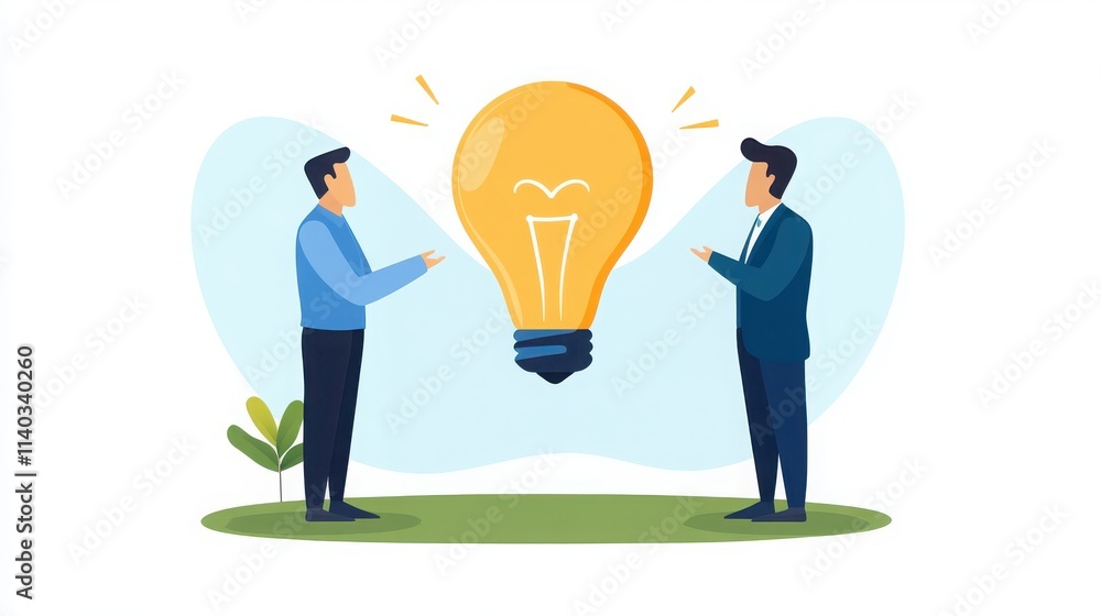 Two business professionals discussing ideas with a glowing light bulb symbolizing creativity and innovation. Two business professionals discussing ideas with a glowing light bulb symbolizing creativity and innovation.